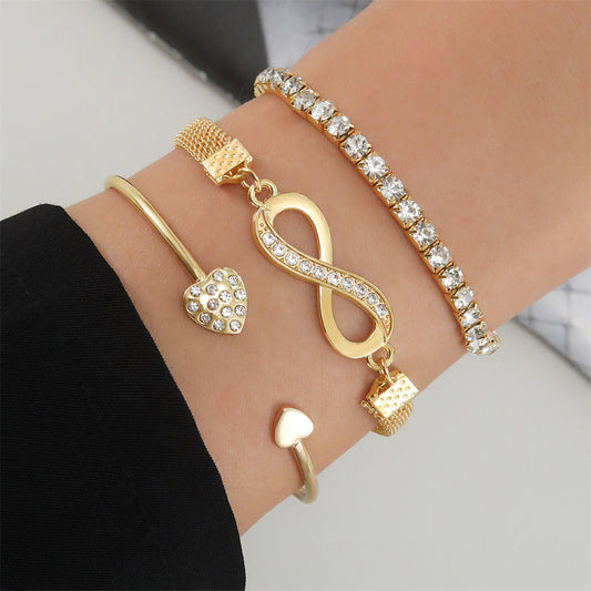 Set de Brazaletes Corazón, Cristales y Lazo Infinito.